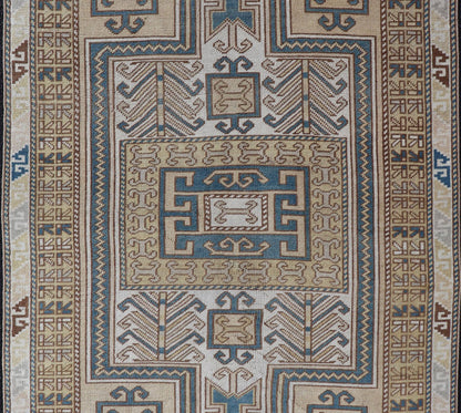 Measures: 3'5 x 5'6 Vintage Turkish Medallion Oushak Rug in Blue, Mocha, and Taupe. Country of Origin: Turkey; Type: Oushak; Design: Medallion, Tribal Medallion, Floral Medallion; Keivan Woven Arts: rug TU - MTU - 4671. Unique in its color palette ... - Keivan Woven ArtsTU - MTU - 4671 - 22908Rug
