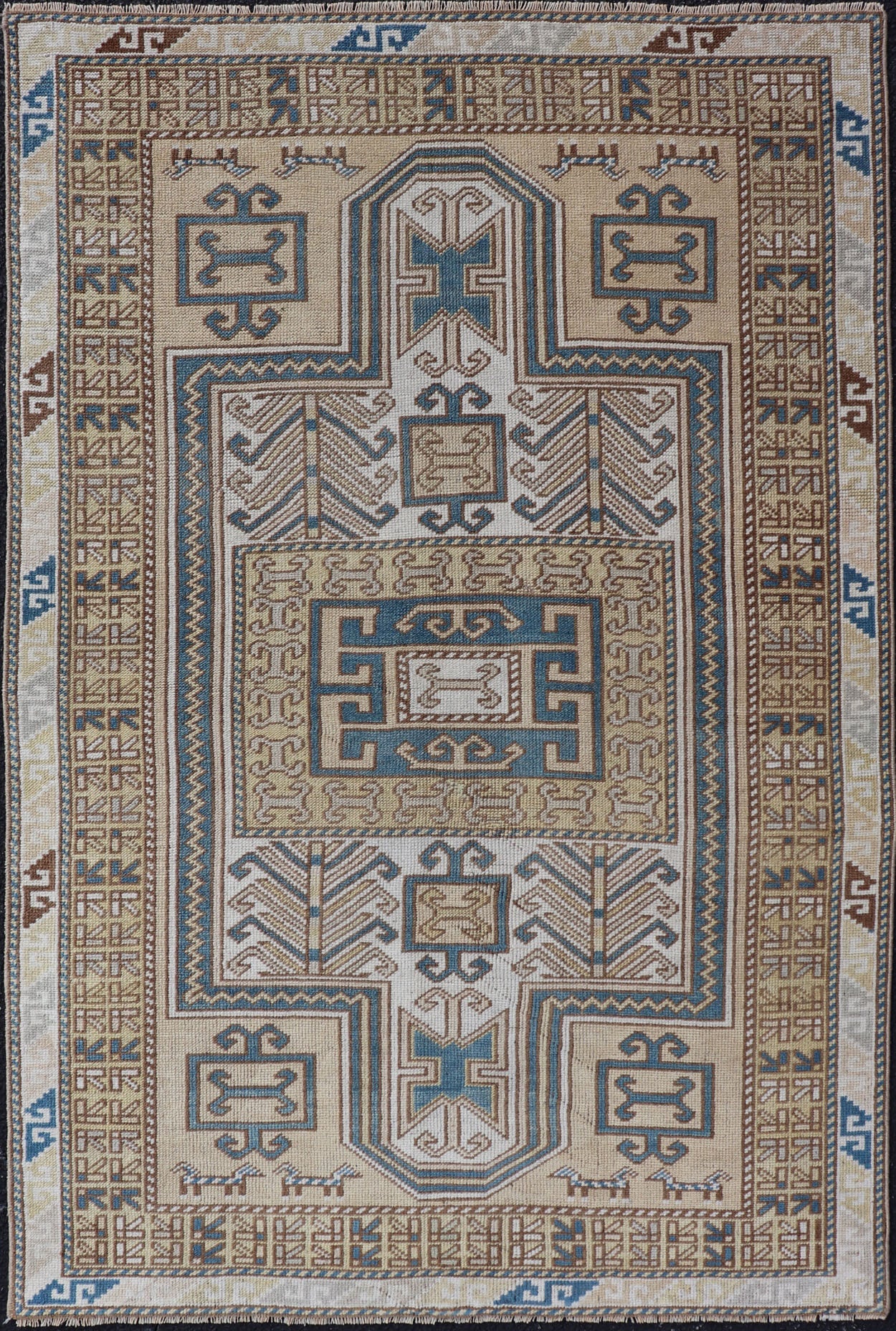Measures: 3'5 x 5'6 Vintage Turkish Medallion Oushak Rug in Blue, Mocha, and Taupe. Country of Origin: Turkey; Type: Oushak; Design: Medallion, Tribal Medallion, Floral Medallion; Keivan Woven Arts: rug TU - MTU - 4671. Unique in its color palette ... - Keivan Woven ArtsTU - MTU - 4671 - 22908Rug