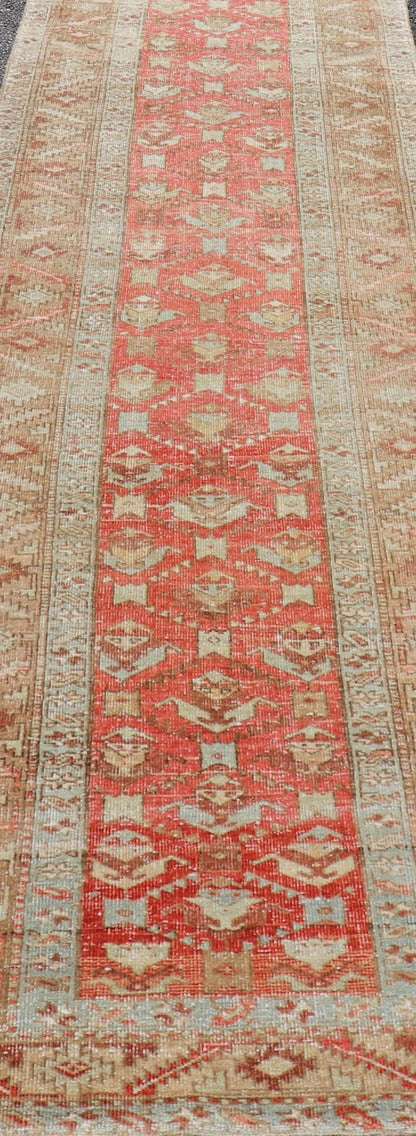 Measures: 3'0 x 11'7 Persian Antique Heriz Runner With All - Over Geometric Design On A Red Field. Antique Heriz Runner, rug TU - MTU - 4678, country of origin / type: Persian / Heriz, circa Early - 20th Century. This gorgeous antique Persian Heriz ... - Keivan Woven ArtsTU - MTU - 4678 - 22069