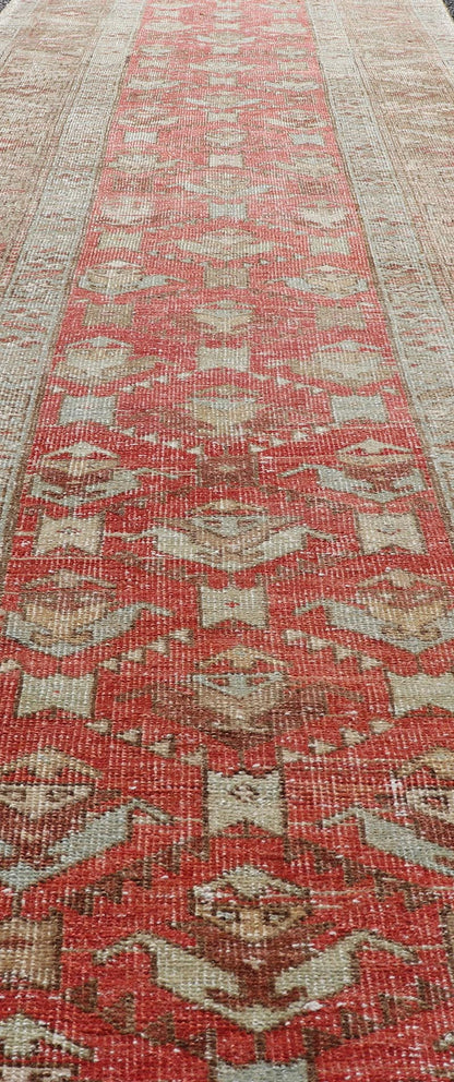 Measures: 3'0 x 11'7 Persian Antique Heriz Runner With All - Over Geometric Design On A Red Field. Antique Heriz Runner, rug TU - MTU - 4678, country of origin / type: Persian / Heriz, circa Early - 20th Century. This gorgeous antique Persian Heriz ... - Keivan Woven ArtsTU - MTU - 4678 - 22069