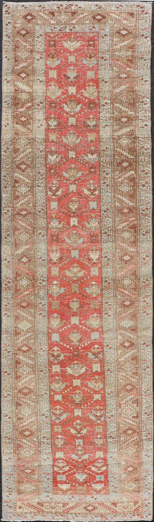 Measures: 3'0 x 11'7 Persian Antique Heriz Runner With All - Over Geometric Design On A Red Field. Antique Heriz Runner, rug TU - MTU - 4678, country of origin / type: Persian / Heriz, circa Early - 20th Century. This gorgeous antique Persian Heriz ... - Keivan Woven ArtsTU - MTU - 4678 - 22069Rug