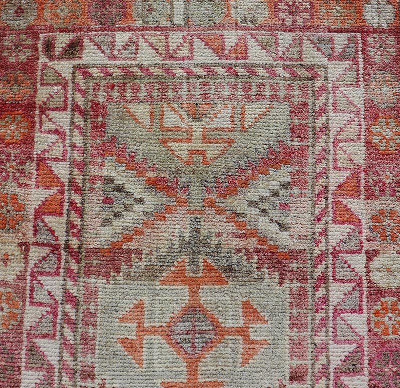Measures: 2'7 x11'8 Vintage Unique Oushak Runner with Tribal Designs and Geometric Motifs. Keivan Woven Arts / rug TU - NED - 4684, country of origin / type: Turkey / Oushak, circa 1960 This vintage runner features an assortment of tribal designs an... - Keivan Woven ArtsTU - MTU - 4684 - 22087Rug
