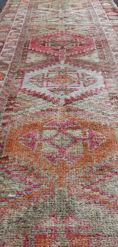 Measures: 2'7 x11'8 Vintage Unique Oushak Runner with Tribal Designs and Geometric Motifs. Keivan Woven Arts / rug TU - NED - 4684, country of origin / type: Turkey / Oushak, circa 1960 This vintage runner features an assortment of tribal designs an... - Keivan Woven ArtsTU - MTU - 4684 - 22087Rug
