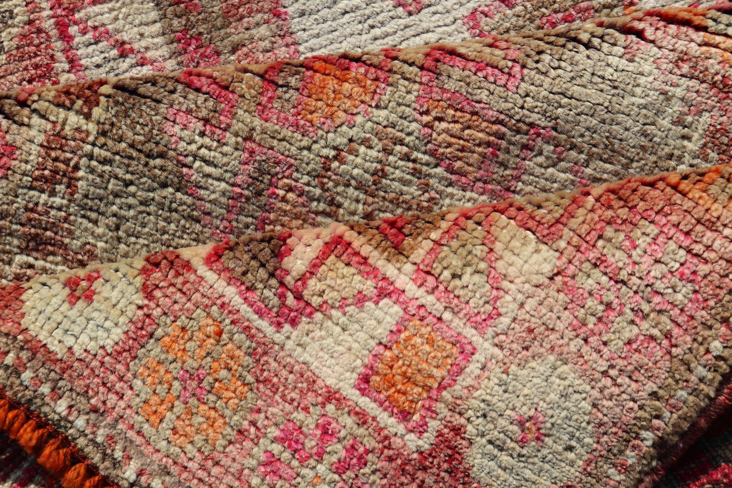 Measures: 2'7 x11'8 Vintage Unique Oushak Runner with Tribal Designs and Geometric Motifs. Keivan Woven Arts / rug TU - NED - 4684, country of origin / type: Turkey / Oushak, circa 1960 This vintage runner features an assortment of tribal designs an... - Keivan Woven ArtsTU - MTU - 4684 - 22087Rug