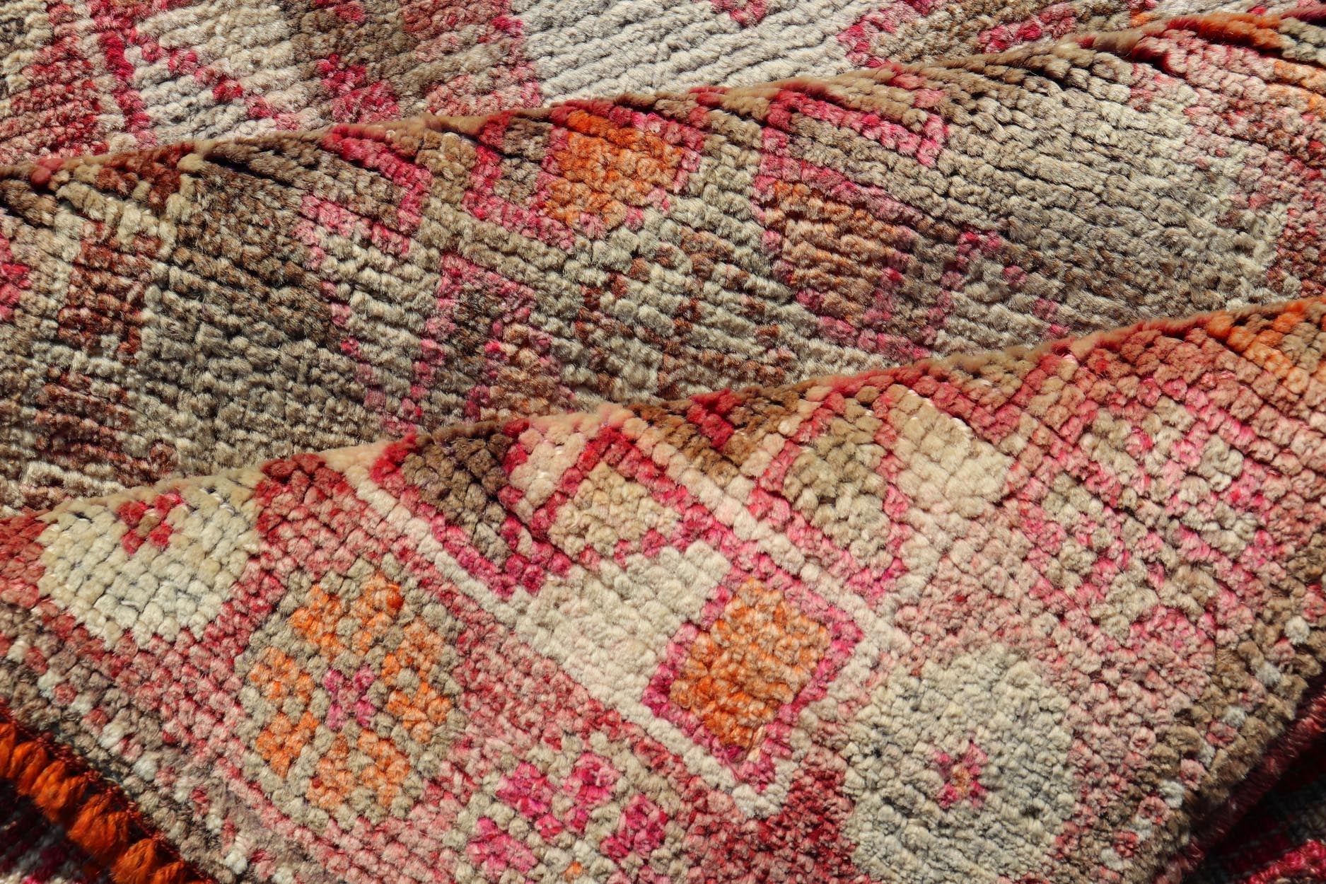 Measures: 2'7 x11'8 Vintage Unique Oushak Runner with Tribal Designs and Geometric Motifs. Keivan Woven Arts / rug TU - NED - 4684, country of origin / type: Turkey / Oushak, circa 1960 This vintage runner features an assortment of tribal designs an... - Keivan Woven ArtsTU - MTU - 4684 - 22087Rug