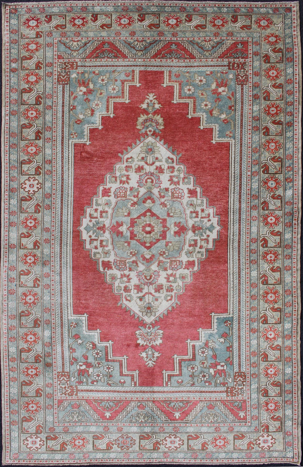 Vintage Turkish Oushak Rug With Medallion Design in Pink Red and Light Blue Medallion Design Oushak Rug from Turkey, Keivan Woven Arts / rug TU - MTU - 4839, country of origin / type: Turkey / Oushak, circa 1940 Measures: 5'5 x 8'10 This vint... - Keivan Woven ArtsTU - MTU - 4839 - 10776Rug