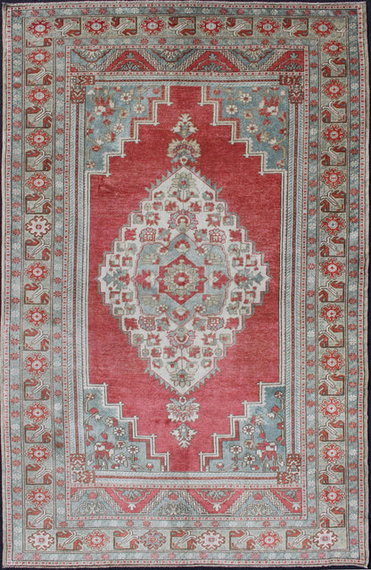 Vintage Turkish Oushak Rug With Medallion Design in Pink Red and Light Blue Medallion Design Oushak Rug from Turkey, Keivan Woven Arts / rug TU - MTU - 4839, country of origin / type: Turkey / Oushak, circa 1940 Measures: 5'5 x 8'10 This vint... - Keivan Woven ArtsTU - MTU - 4839 - 10776Rug