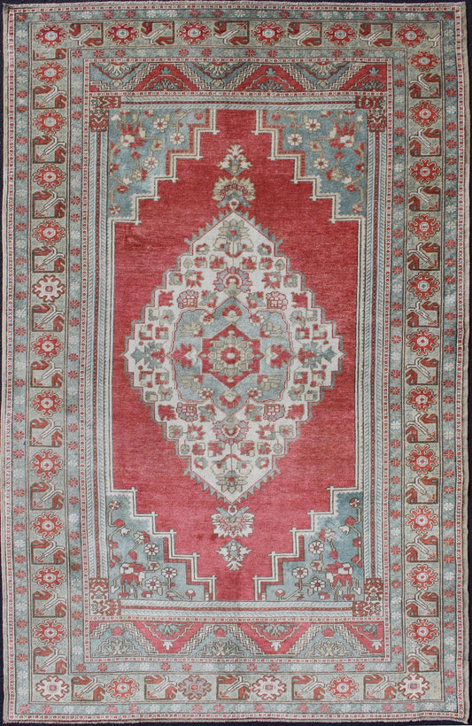 Vintage Turkish Oushak Rug With Medallion Design in Pink Red and Light Blue Medallion Design Oushak Rug from Turkey, Keivan Woven Arts / rug TU - MTU - 4839, country of origin / type: Turkey / Oushak, circa 1940 Measures: 5'5 x 8'10 This vint... - Keivan Woven ArtsTU - MTU - 4839 - 10776Rug