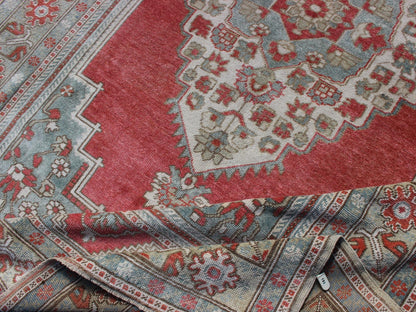 Vintage Turkish Oushak Rug With Medallion Design in Pink Red and Light Blue Medallion Design Oushak Rug from Turkey, Keivan Woven Arts / rug TU - MTU - 4839, country of origin / type: Turkey / Oushak, circa 1940 Measures: 5'5 x 8'10 This vint... - Keivan Woven ArtsTU - MTU - 4839 - 10776Rug