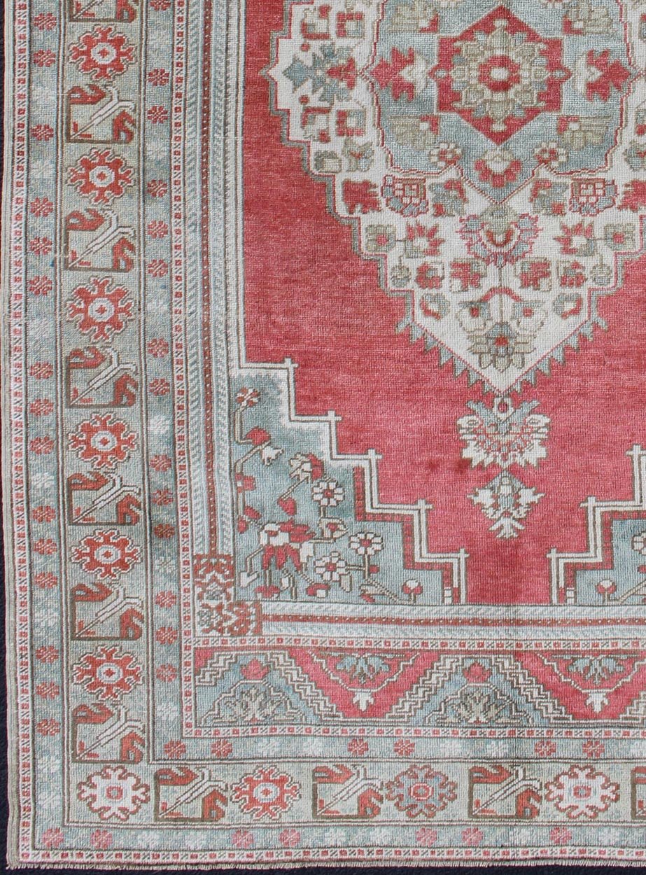 Vintage Turkish Oushak Rug With Medallion Design in Pink Red and Light Blue Medallion Design Oushak Rug from Turkey, Keivan Woven Arts / rug TU - MTU - 4839, country of origin / type: Turkey / Oushak, circa 1940 Measures: 5'5 x 8'10 This vint... - Keivan Woven ArtsTU - MTU - 4839 - 10776Rug