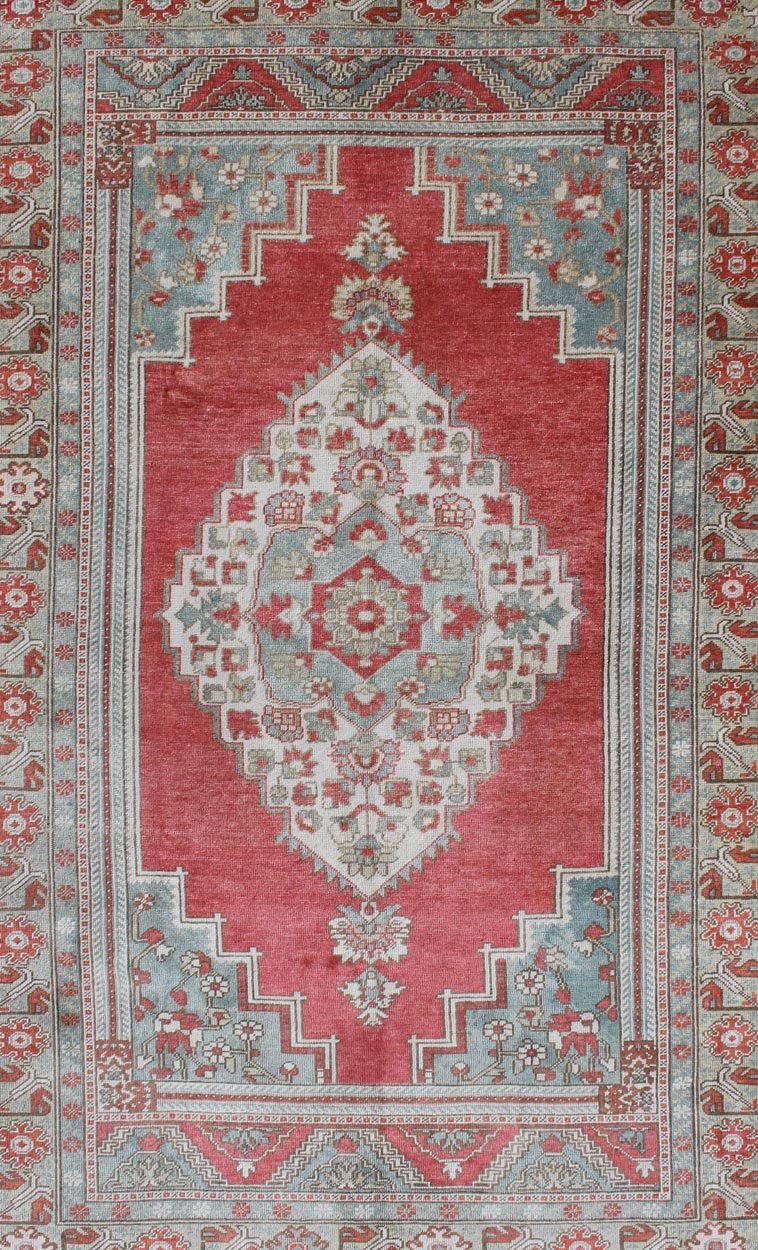 Vintage Turkish Oushak Rug With Medallion Design in Pink Red and Light Blue Medallion Design Oushak Rug from Turkey, Keivan Woven Arts / rug TU - MTU - 4839, country of origin / type: Turkey / Oushak, circa 1940 Measures: 5'5 x 8'10 This vint... - Keivan Woven ArtsTU - MTU - 4839 - 10776Rug