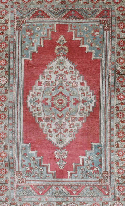 Vintage Turkish Oushak Rug With Medallion Design in Pink Red and Light Blue Medallion Design Oushak Rug from Turkey, Keivan Woven Arts / rug TU - MTU - 4839, country of origin / type: Turkey / Oushak, circa 1940 Measures: 5'5 x 8'10 This vint... - Keivan Woven ArtsTU - MTU - 4839 - 10776Rug