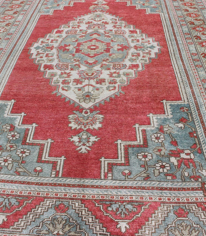 Vintage Turkish Oushak Rug With Medallion Design in Pink Red and Light Blue Medallion Design Oushak Rug from Turkey, Keivan Woven Arts / rug TU - MTU - 4839, country of origin / type: Turkey / Oushak, circa 1940 Measures: 5'5 x 8'10 This vint... - Keivan Woven ArtsTU - MTU - 4839 - 10776Rug