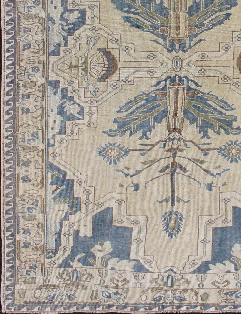 Vintage Turkish Rug with Unique Design in Blue, Taupe, Butter & Neutral Colors. Vintage Turkish Oushak rug with central medallion in blue, faded green, brown, butter, taupe, rug TU - MTU - 4851, country of origin / type: Turkey / Oushak, circa 1950... - Keivan Woven ArtsTU - MTU - 4851 - 10796Rug