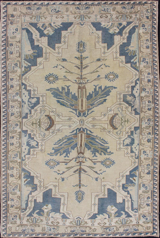 Vintage Turkish Rug with Unique Design in Blue, Taupe, Butter & Neutral Colors. Vintage Turkish Oushak rug with central medallion in blue, faded green, brown, butter, taupe, rug TU - MTU - 4851, country of origin / type: Turkey / Oushak, circa 1950... - Keivan Woven ArtsTU - MTU - 4851 - 10796Rug