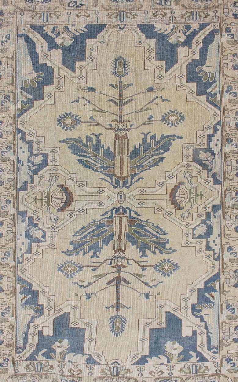 Vintage Turkish Rug with Unique Design in Blue, Taupe, Butter & Neutral Colors. Vintage Turkish Oushak rug with central medallion in blue, faded green, brown, butter, taupe, rug TU - MTU - 4851, country of origin / type: Turkey / Oushak, circa 1950... - Keivan Woven ArtsTU - MTU - 4851 - 10796Rug