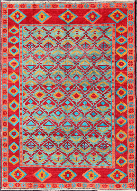 Unique and Vibrant Turkish Oushak Rug with Colorful and Bright Diamond Design kwarugs Red, aqua, orange and yellow geometric design Oushak rug from Turkey, rug tu - mtu - 4852, country of origin / type: Turkey / Oushak, circa 1950 This vintag... - Keivan Woven ArtsTU - MTU - 4852 - 10800