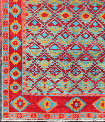 Unique and Vibrant Turkish Oushak Rug with Colorful and Bright Diamond Design kwarugs Red, aqua, orange and yellow geometric design Oushak rug from Turkey, rug tu - mtu - 4852, country of origin / type: Turkey / Oushak, circa 1950 This vintag... - Keivan Woven ArtsTU - MTU - 4852 - 10800Rug