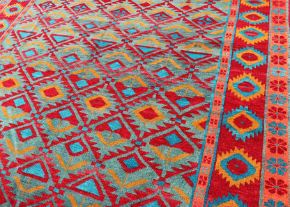 Unique and Vibrant Turkish Oushak Rug with Colorful and Bright Diamond Design kwarugs Red, aqua, orange and yellow geometric design Oushak rug from Turkey, rug tu - mtu - 4852, country of origin / type: Turkey / Oushak, circa 1950 This vintag... - Keivan Woven ArtsTU - MTU - 4852 - 10800Rug