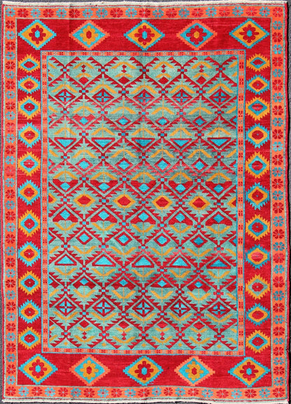 Unique and Vibrant Turkish Oushak Rug with Colorful and Bright Diamond Design kwarugs Red, aqua, orange and yellow geometric design Oushak rug from Turkey, rug tu - mtu - 4852, country of origin / type: Turkey / Oushak, circa 1950 This vintag... - Keivan Woven ArtsTU - MTU - 4852 - 10800Rug