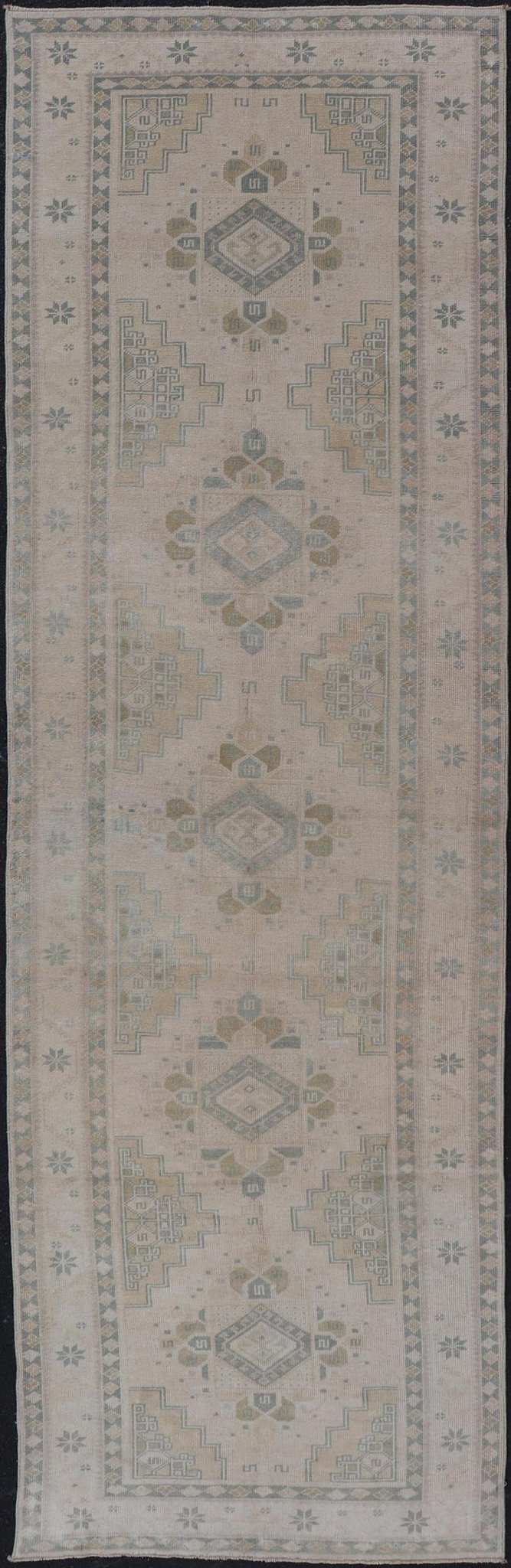 Vintage Turkish Oushak Runner in Neutral Tones , Taupe, Gray Green, Yellow. Vintage Turkish Oushak Runner in Neutral & Warm Colors with Tribal Medallions, rug TU - MTU - 4870, country of origin / type: Turkey / Oushak, circa mid - 20th. Measur... - Keivan Woven ArtsTU - MTU - 4870 - 18619Rug