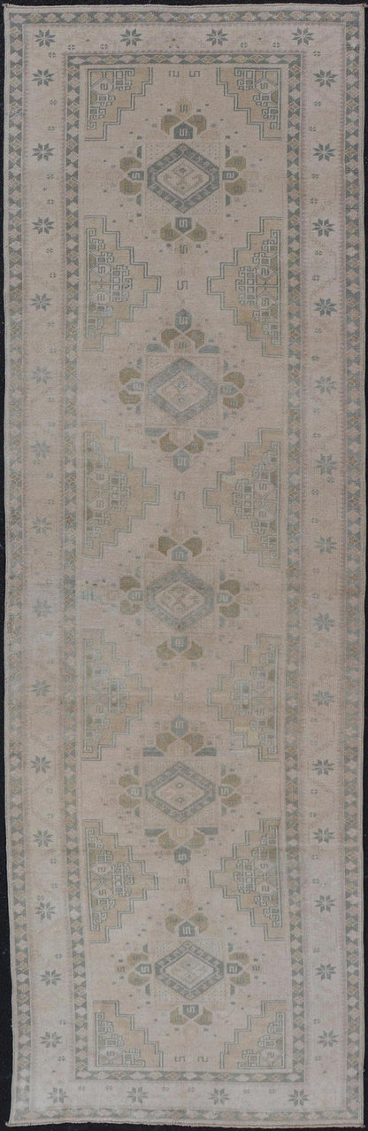 Vintage Turkish Oushak Runner in Neutral Tones , Taupe, Gray Green, Yellow. Vintage Turkish Oushak Runner in Neutral & Warm Colors with Tribal Medallions, rug TU - MTU - 4870, country of origin / type: Turkey / Oushak, circa mid - 20th. Measur... - Keivan Woven ArtsTU - MTU - 4870 - 18619Rug