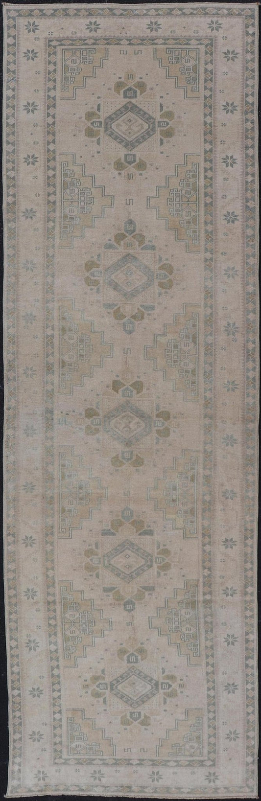 Vintage Turkish Oushak Runner in Neutral Tones , Taupe, Gray Green, Yellow. Vintage Turkish Oushak Runner in Neutral & Warm Colors with Tribal Medallions, rug TU - MTU - 4870, country of origin / type: Turkey / Oushak, circa mid - 20th. Measur... - Keivan Woven ArtsTU - MTU - 4870 - 18619Rug