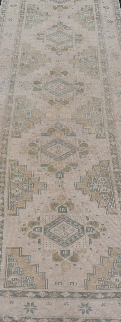 Vintage Turkish Oushak Runner in Neutral Tones , Taupe, Gray Green, Yellow. Vintage Turkish Oushak Runner in Neutral & Warm Colors with Tribal Medallions, rug TU - MTU - 4870, country of origin / type: Turkey / Oushak, circa mid - 20th. Measur... - Keivan Woven ArtsTU - MTU - 4870 - 18619Rug