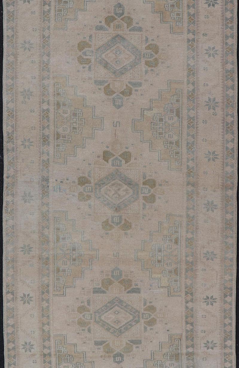 Vintage Turkish Oushak Runner in Neutral Tones , Taupe, Gray Green, Yellow. Vintage Turkish Oushak Runner in Neutral & Warm Colors with Tribal Medallions, rug TU - MTU - 4870, country of origin / type: Turkey / Oushak, circa mid - 20th. Measur... - Keivan Woven ArtsTU - MTU - 4870 - 18619Rug