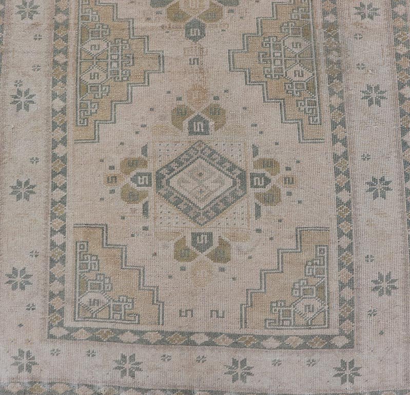 Vintage Turkish Oushak Runner in Neutral Tones , Taupe, Gray Green, Yellow. Vintage Turkish Oushak Runner in Neutral & Warm Colors with Tribal Medallions, rug TU - MTU - 4870, country of origin / type: Turkey / Oushak, circa mid - 20th. Measur... - Keivan Woven ArtsTU - MTU - 4870 - 18619Rug