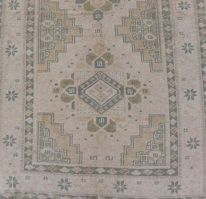 Vintage Turkish Oushak Runner in Neutral Tones , Taupe, Gray Green, Yellow. Vintage Turkish Oushak Runner in Neutral & Warm Colors with Tribal Medallions, rug TU - MTU - 4870, country of origin / type: Turkey / Oushak, circa mid - 20th. Measur... - Keivan Woven ArtsTU - MTU - 4870 - 18619Rug