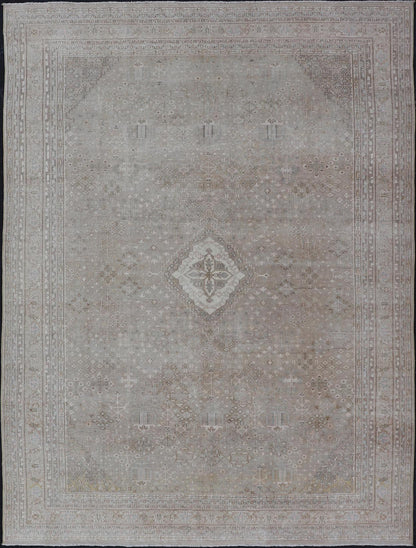 Muted Antique Persian Joshegan Rug with Sub - Geometric All - Over Design Measures: 7'8 x 11'0 This antique Joshegan rug beautifully displays the Persian expertise of this period. The taupe background is heavily decorated with motifs, as wel... - Keivan Woven ArtsTU - MTU - 4875 - 18950Rug