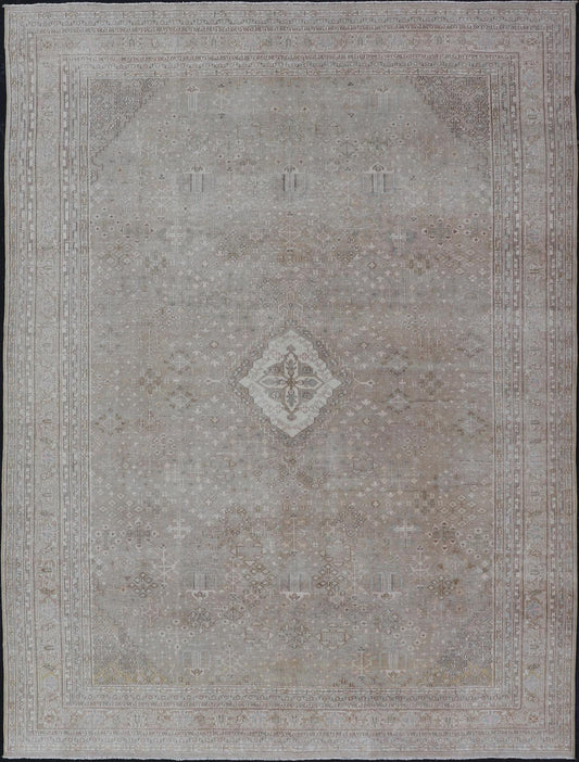 Muted Antique Persian Joshegan Rug with Sub - Geometric All - Over Design Measures: 7'8 x 11'0 This antique Joshegan rug beautifully displays the Persian expertise of this period. The taupe background is heavily decorated with motifs, as wel... - Keivan Woven ArtsTU - MTU - 4875 - 18950Rug