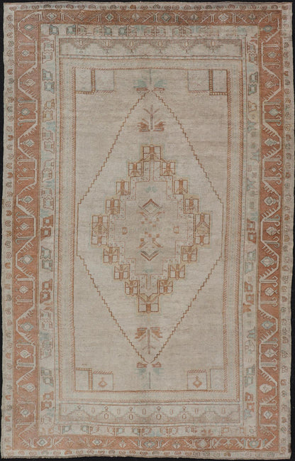 Taupe Background Turkish Vintage Oushak Rug with Tribal Medallion Design Measures: 6'0 x 10'0 Taupe background Turkish vintage Oushak rug with tribal design. Keivan Woven Arts / rug TU - MTU - 4877, country of origin / type: Turkey / Oushak... - Keivan Woven ArtsTU - MTU - 4877 - 18956Rug