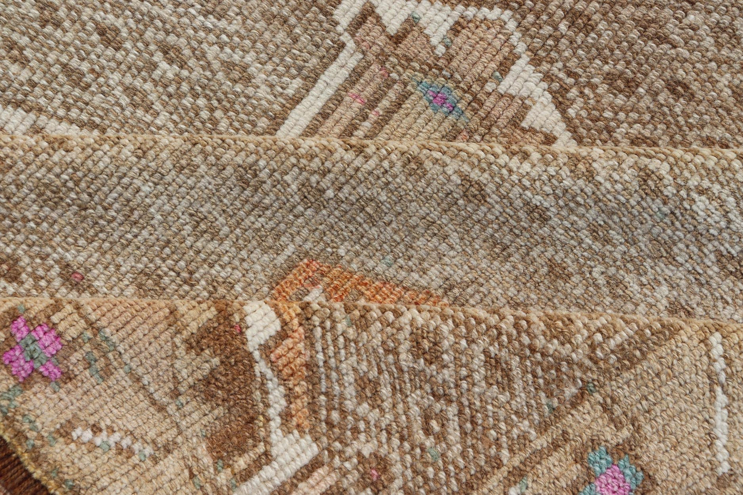 Unique & Colorful Turkish Kars Runner with Tribal Designs and Geometric Motifs Vintage Turkish runner in tan background, accent colors, orange, tan, ivory, pink, taupe, Keivan Woven Arts / rug/TU - MTU - 4879, country of origin / type: Turkey / Oush... - Keivan Woven ArtsTU - MTU - 4879 - 18962Rug