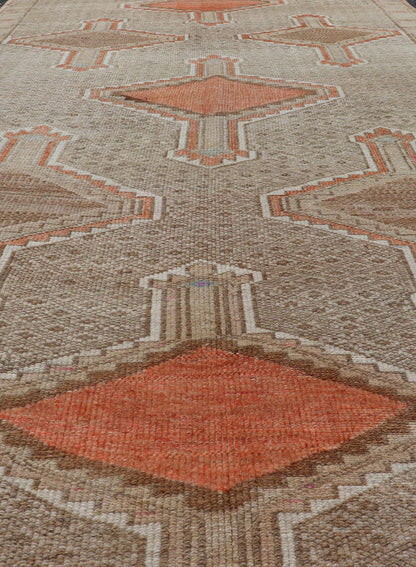Unique & Colorful Turkish Kars Runner with Tribal Designs and Geometric Motifs Vintage Turkish runner in tan background, accent colors, orange, tan, ivory, pink, taupe, Keivan Woven Arts / rug/TU - MTU - 4879, country of origin / type: Turkey / Oush... - Keivan Woven ArtsTU - MTU - 4879 - 18962Rug