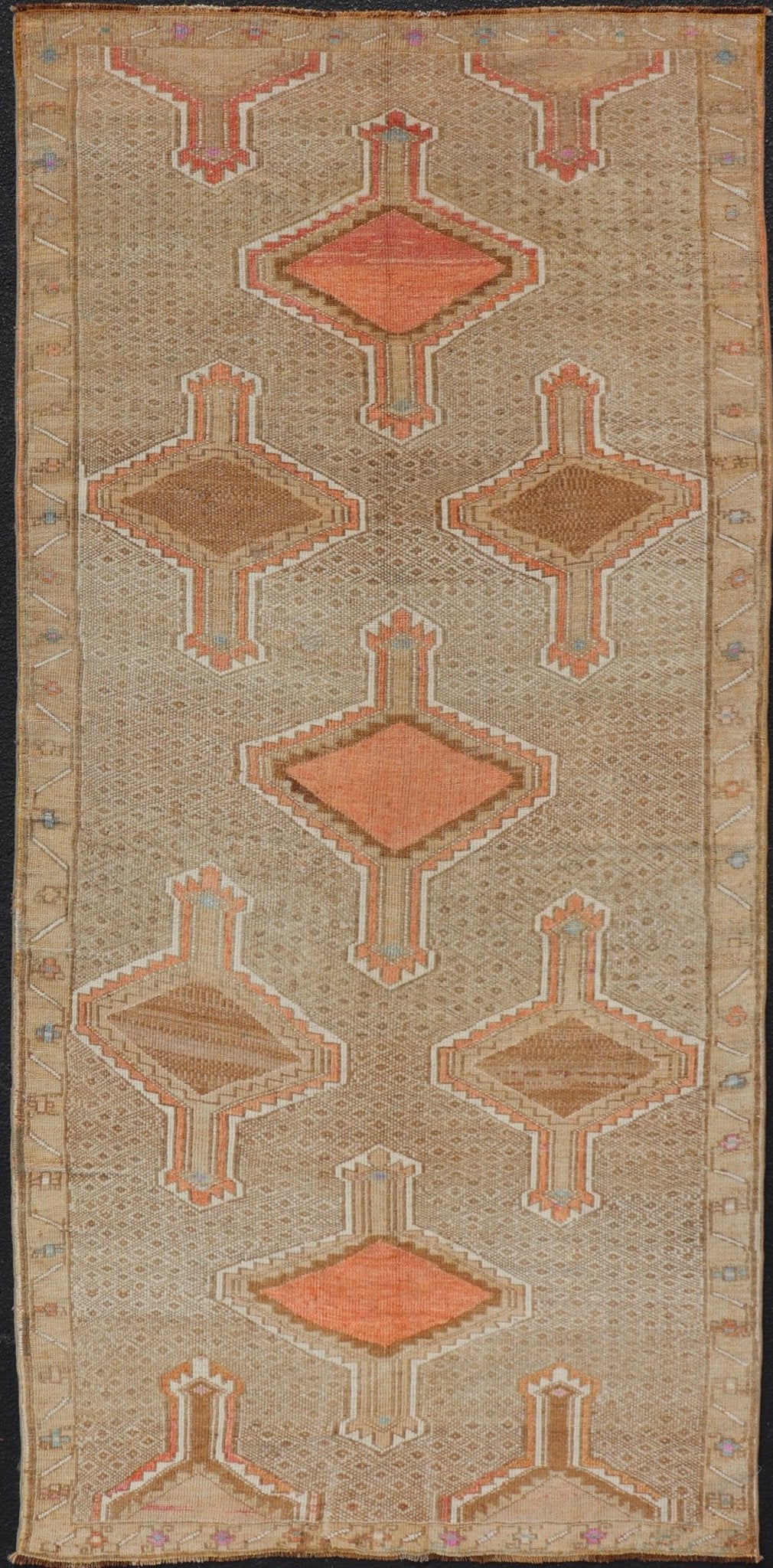 Unique & Colorful Turkish Kars Runner with Tribal Designs and Geometric Motifs Vintage Turkish runner in tan background, accent colors, orange, tan, ivory, pink, taupe, Keivan Woven Arts / rug/TU - MTU - 4879, country of origin / type: Turkey / Oush... - Keivan Woven ArtsTU - MTU - 4879 - 18962Rug