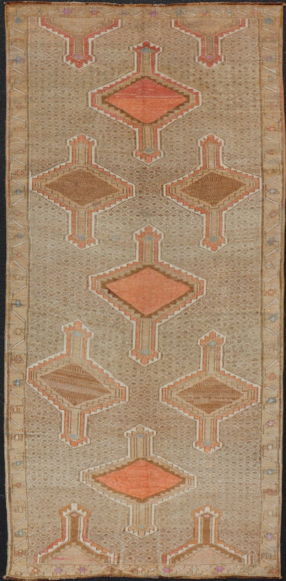 Unique & Colorful Turkish Kars Runner with Tribal Designs and Geometric Motifs Vintage Turkish runner in tan background, accent colors, orange, tan, ivory, pink, taupe, Keivan Woven Arts / rug/TU - MTU - 4879, country of origin / type: Turkey / Oush... - Keivan Woven ArtsTU - MTU - 4879 - 18962Rug