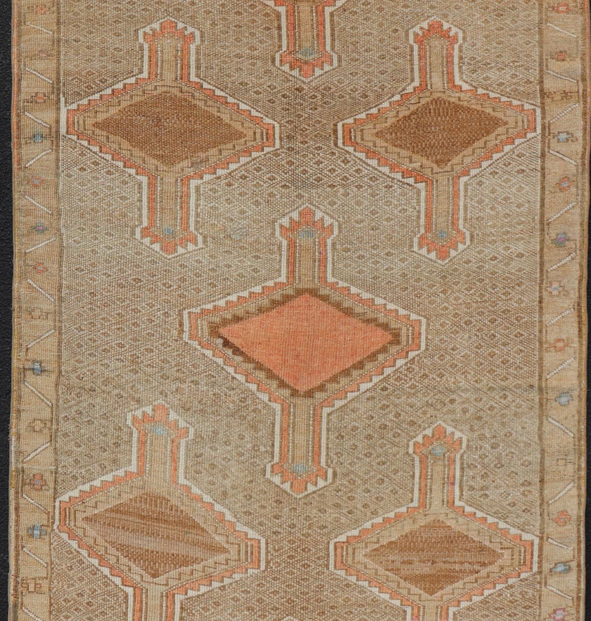 Unique & Colorful Turkish Kars Runner with Tribal Designs and Geometric Motifs Vintage Turkish runner in tan background, accent colors, orange, tan, ivory, pink, taupe, Keivan Woven Arts / rug/TU - MTU - 4879, country of origin / type: Turkey / Oush... - Keivan Woven ArtsTU - MTU - 4879 - 18962Rug