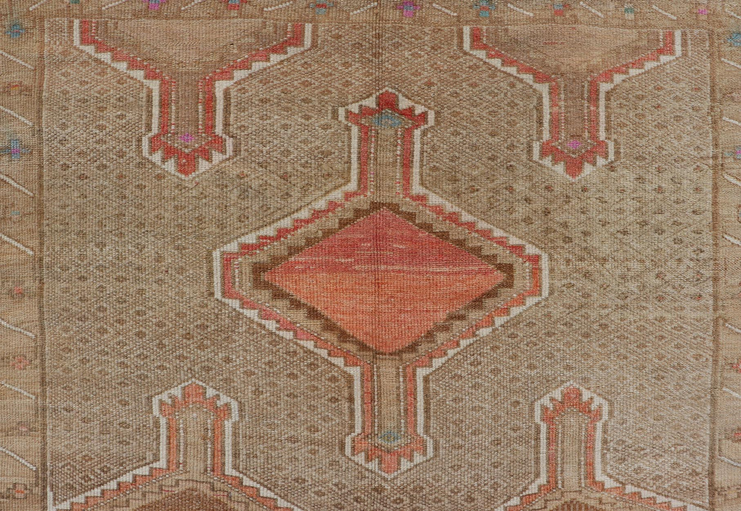 Unique & Colorful Turkish Kars Runner with Tribal Designs and Geometric Motifs Vintage Turkish runner in tan background, accent colors, orange, tan, ivory, pink, taupe, Keivan Woven Arts / rug/TU - MTU - 4879, country of origin / type: Turkey / Oush... - Keivan Woven ArtsTU - MTU - 4879 - 18962Rug