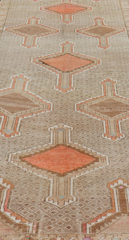 Unique & Colorful Turkish Kars Runner with Tribal Designs and Geometric Motifs Vintage Turkish runner in tan background, accent colors, orange, tan, ivory, pink, taupe, Keivan Woven Arts / rug/TU - MTU - 4879, country of origin / type: Turkey / Oush... - Keivan Woven ArtsTU - MTU - 4879 - 18962Rug