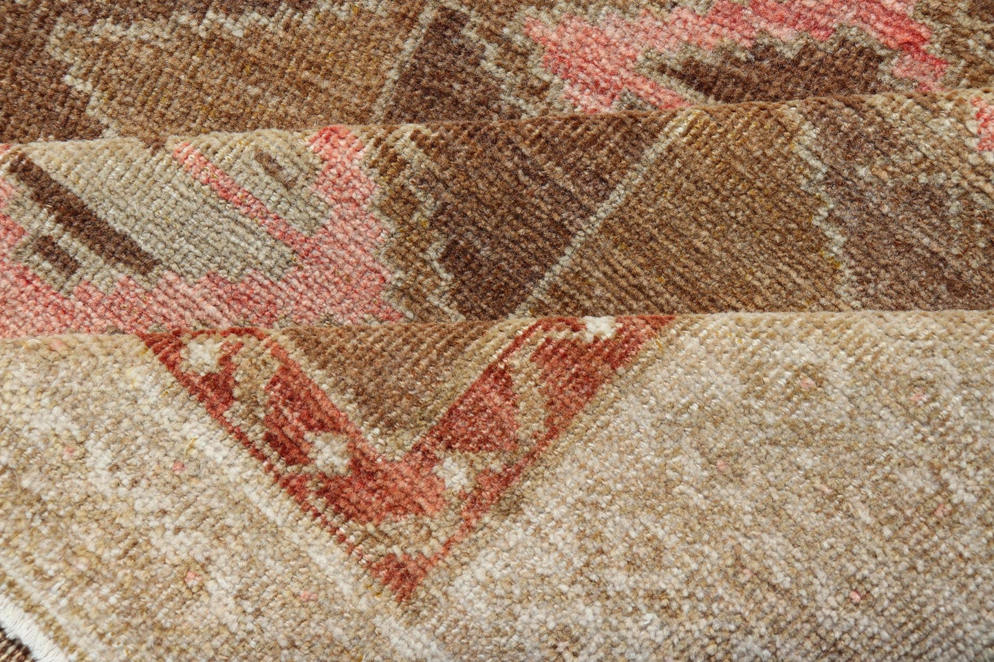 Hand Knotted Colorful Turkish Kars with Tribal Designs and Geometric Motifs Vintage Turkish in Brown background and taupe border with accent colors, red, pink, tan, green, taupe. Keivan Woven Arts / rug /TU - MTU - 4880, country of origin / type: Tu... - Keivan Woven ArtsTU - MTU - 4880 - 18968Rug