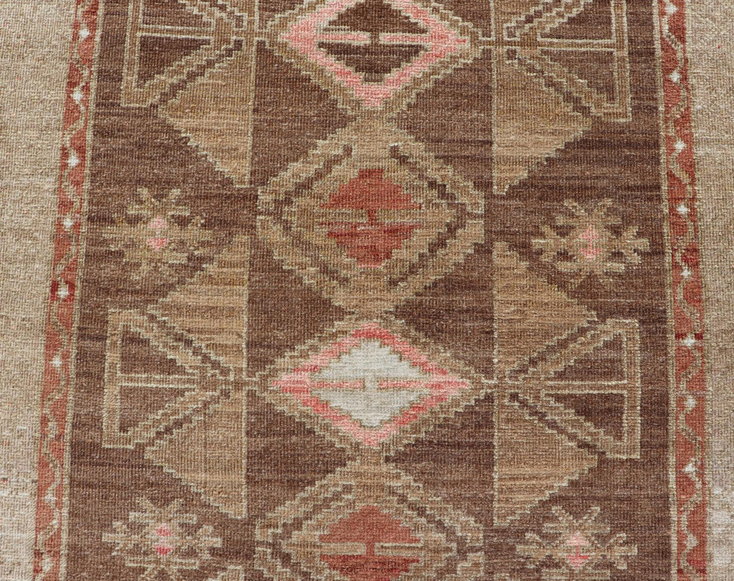 Hand Knotted Colorful Turkish Kars with Tribal Designs and Geometric Motifs Vintage Turkish in Brown background and taupe border with accent colors, red, pink, tan, green, taupe. Keivan Woven Arts / rug /TU - MTU - 4880, country of origin / type: Tu... - Keivan Woven ArtsTU - MTU - 4880 - 18968Rug