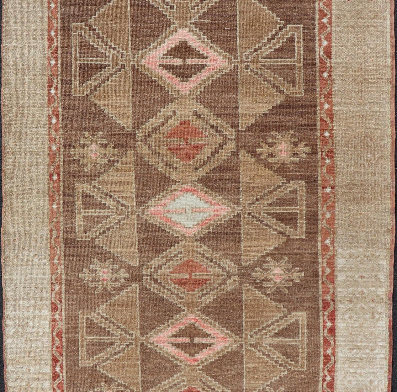 Hand Knotted Colorful Turkish Kars with Tribal Designs and Geometric Motifs Vintage Turkish in Brown background and taupe border with accent colors, red, pink, tan, green, taupe. Keivan Woven Arts / rug /TU - MTU - 4880, country of origin / type: Tu... - Keivan Woven ArtsTU - MTU - 4880 - 18968Rug