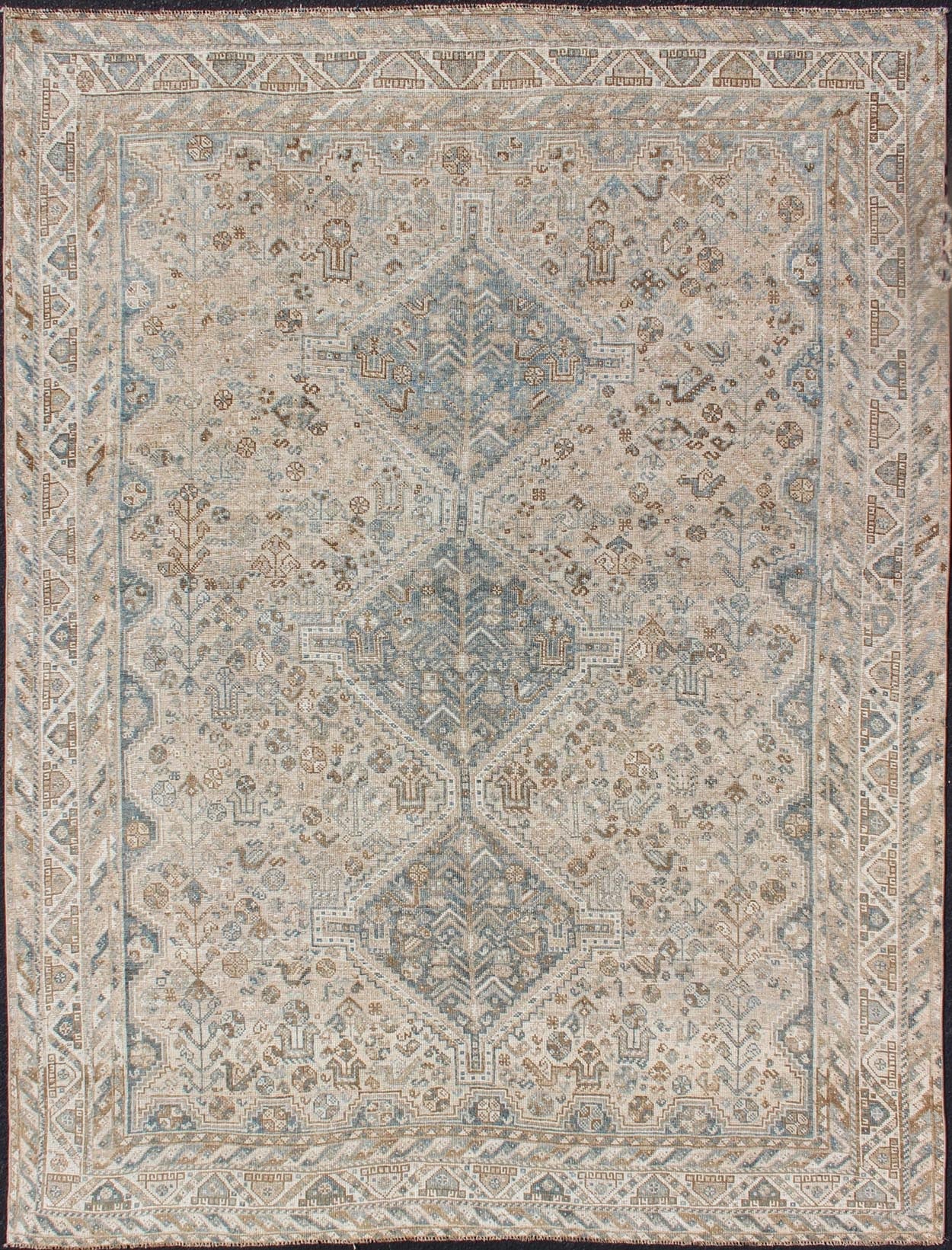 Blue/Taupe/ an Antique Persian Shiraz Rug with Tribal Geometric Medallions Persian Shiraz rug with Vertical Sub - Geometric Medallions, rug DSP - A342934, country of origin / type: Iran / Shiraz, circa 1920 Persian Shiraz rug with Vertical Sub - ... - Keivan Woven ArtsTU - MTU - 4904 - 12144