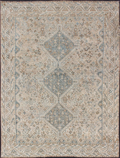 Blue/Taupe/ an Antique Persian Shiraz Rug with Tribal Geometric Medallions Persian Shiraz rug with Vertical Sub - Geometric Medallions, rug DSP - A342934, country of origin / type: Iran / Shiraz, circa 1920 Persian Shiraz rug with Vertical Sub - ... - Keivan Woven ArtsTU - MTU - 4904 - 12144