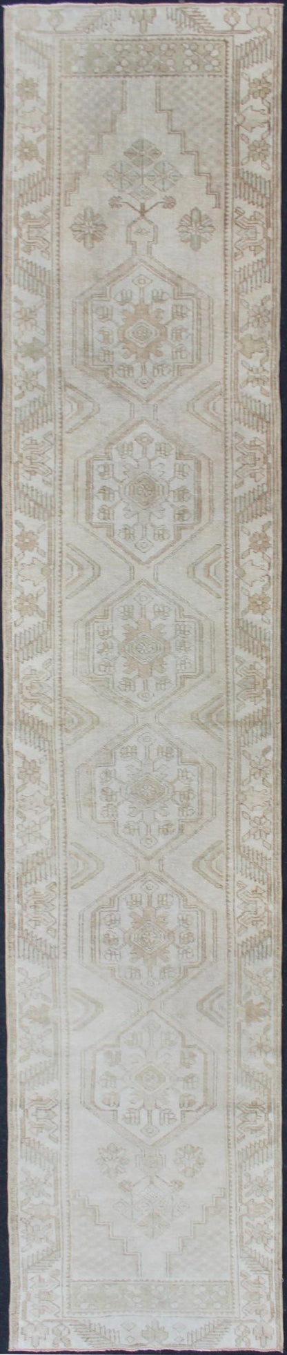 Subdued Vintage Hand Knotted Turkish Oushak Runner With Medallions in Soft Cream Lightly toned vintage Turkish Runner with Oushak design, Keivan Woven Arts / rug TU - MTU - 4909, country of origin / type: Turkey / Oushak, circa 1940. This vin... - Keivan Woven ArtsTU - MTU - 4909 - 12148Rug