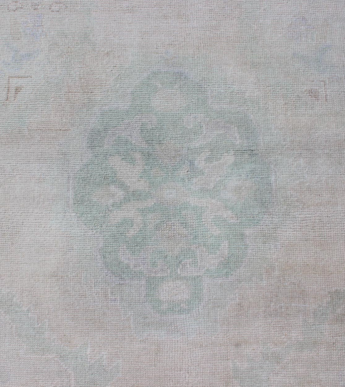 Vintage Hand Knotted Turkish Oushak Runner in Faded Green and Blue in Neutral Background Oushak vintage rug from Turkey with tri - medallion design, Keivan Woven Arts / rug tu - mtu - 4911, country of origin / type: Turkey / Oushak, circa 1940. ... - Keivan Woven ArtsTU - MTU - 4911 - 12152Rug