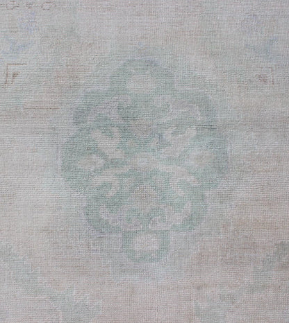 Vintage Hand Knotted Turkish Oushak Runner in Faded Green and Blue in Neutral Background Oushak vintage rug from Turkey with tri - medallion design, Keivan Woven Arts / rug tu - mtu - 4911, country of origin / type: Turkey / Oushak, circa 1940. ... - Keivan Woven ArtsTU - MTU - 4911 - 12152Rug