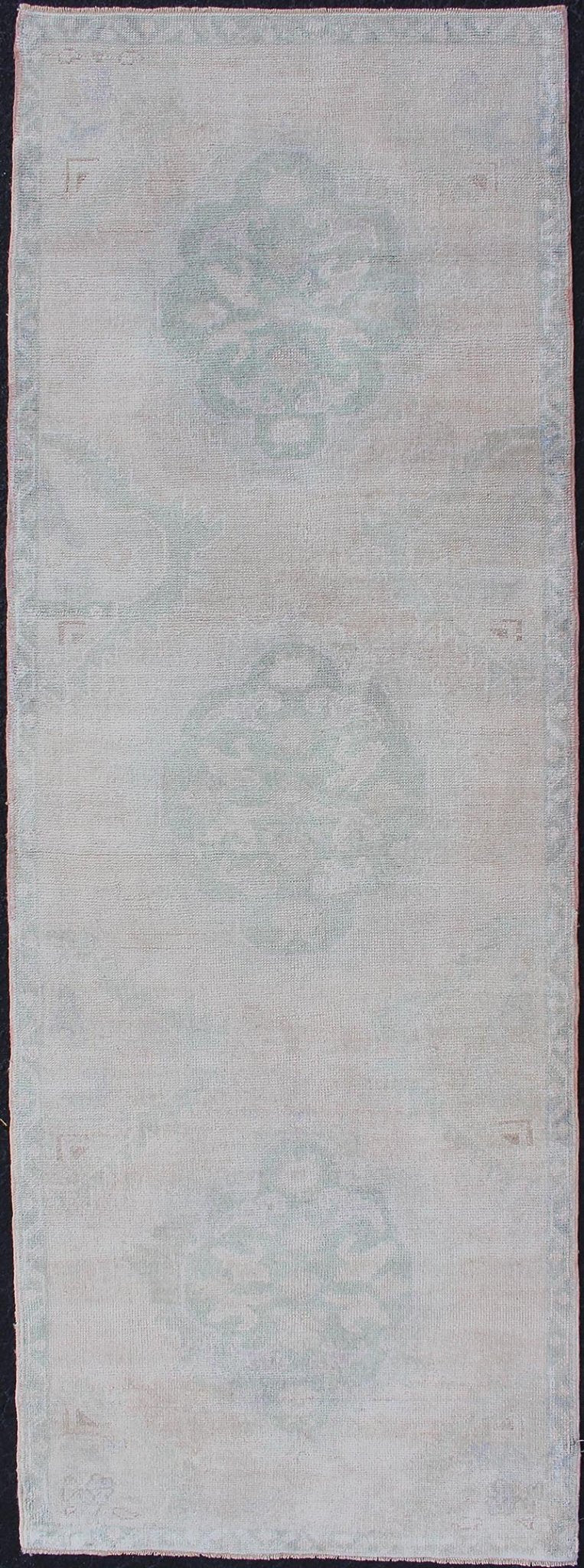 Vintage Hand Knotted Turkish Oushak Runner in Faded Green and Blue in Neutral Background Oushak vintage rug from Turkey with tri - medallion design, Keivan Woven Arts / rug tu - mtu - 4911, country of origin / type: Turkey / Oushak, circa 1940. ... - Keivan Woven ArtsTU - MTU - 4911 - 12152Rug